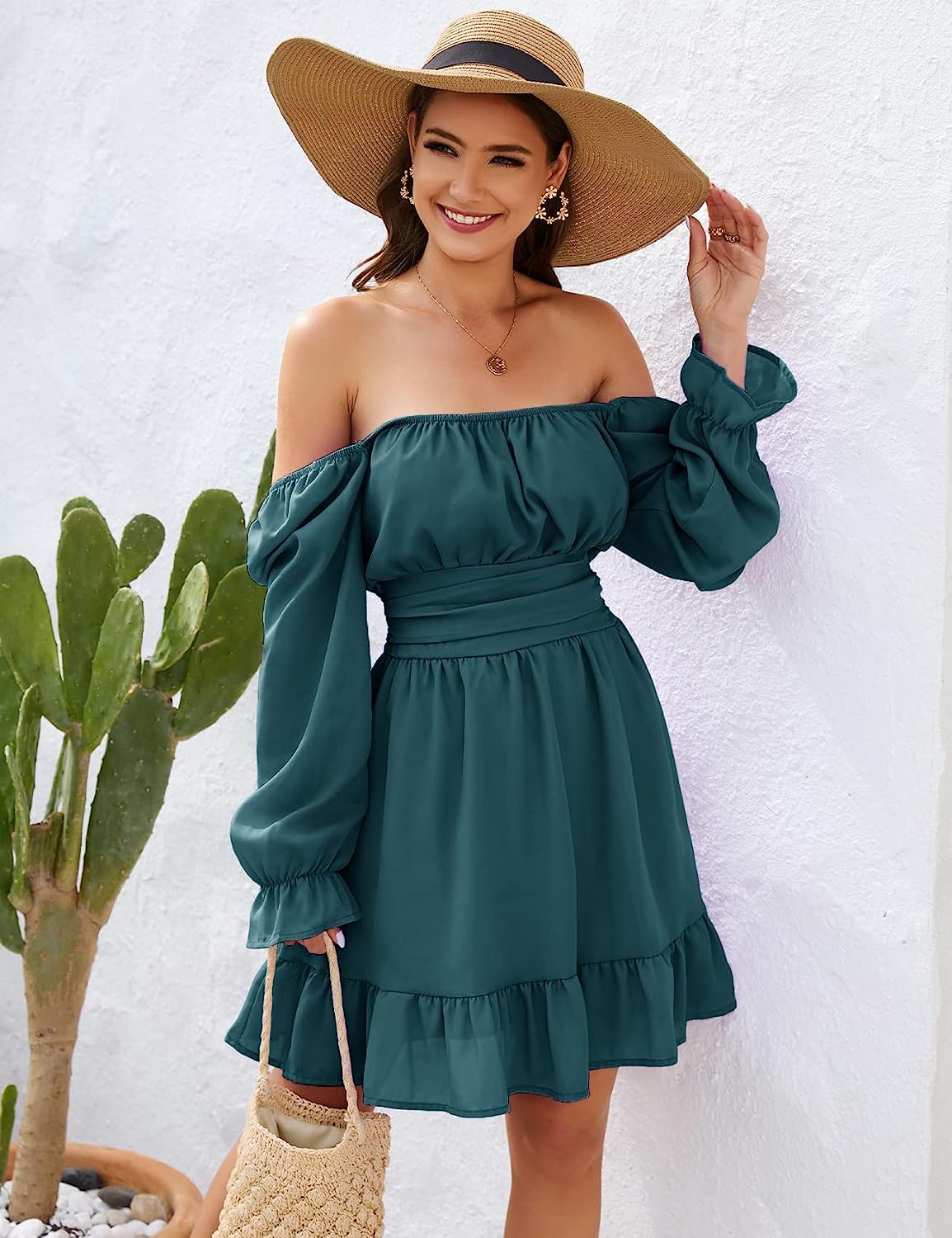 AISWI Women's Tie Back Flowy Dress Long Lantern Sleeve Square Neck Ruffle Elastic Waist Aline Casual Mini Dress - Image 5